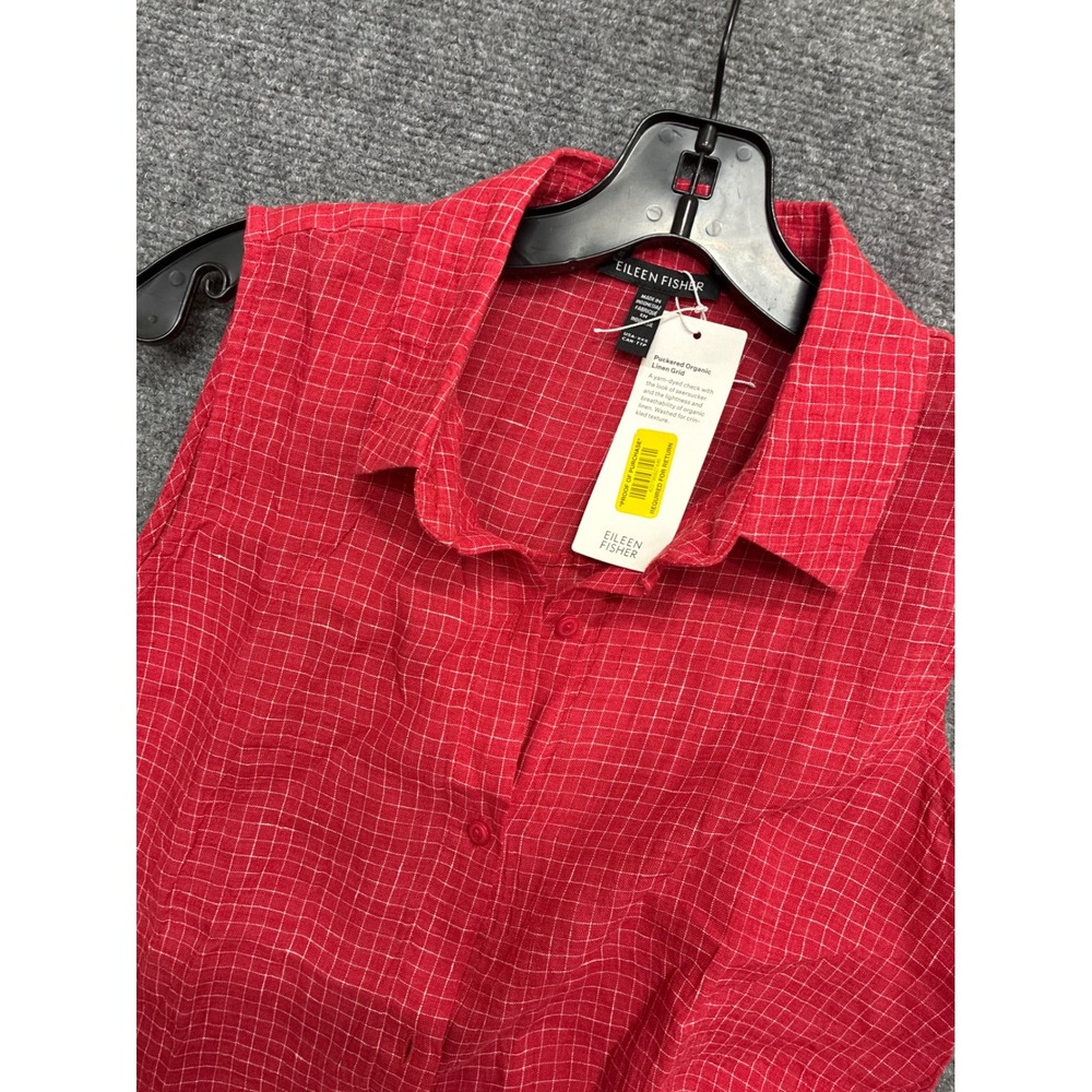 Linen Eileen Fisher Red White Organic Sleeveless Shirt XXS NEW